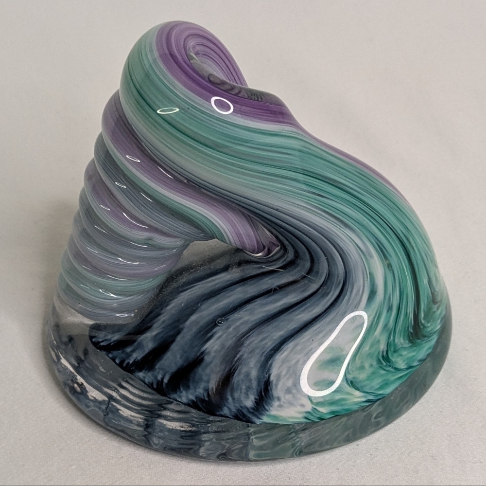Art Glass Pen Holder Paperweight Purple Green Ribbon Swirl Michael Hudson EUC